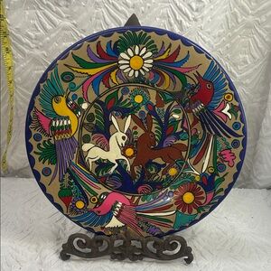 Vintage Mexican Folk Art Hand-Painted Wall Plate | Birds & Rabbit